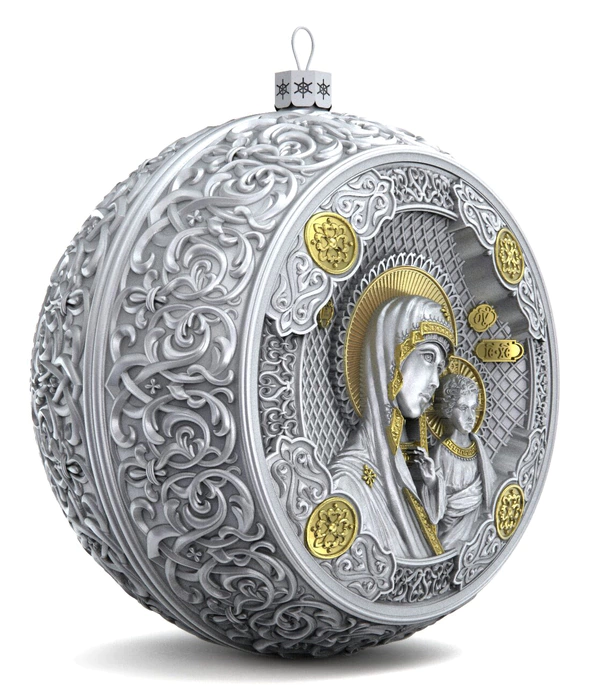 Gift set with balls and icon "Mother of God of Kazan" made of silver, 2 balls